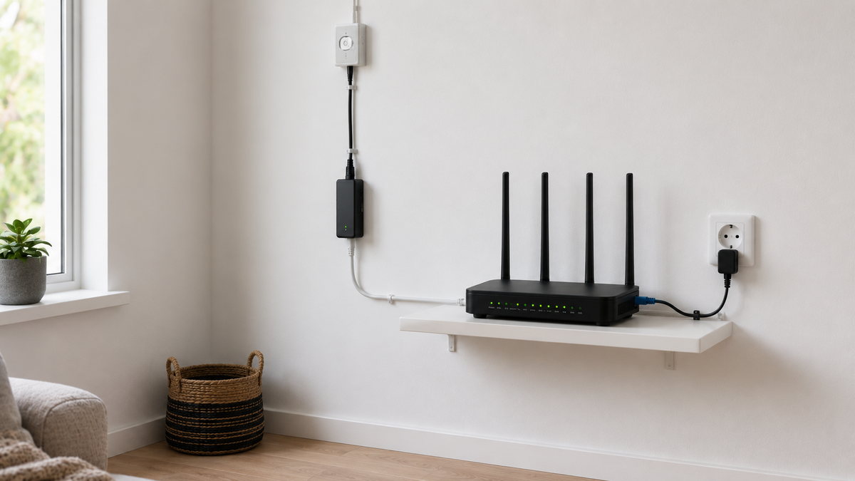 Equipamento interior instalado numa parede, com o cabo de rede ligado ao router