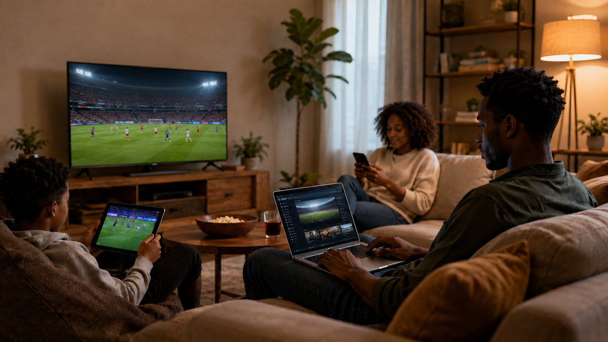Família em casa com televisor, portátil, tablet e telemóvel ligados ao mesmo tempo