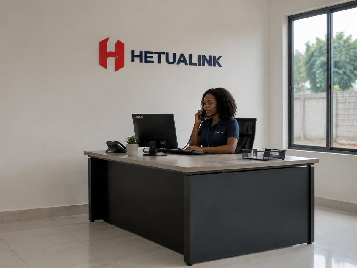 Atendimento da HETUALINK, com auscultadores, a falar com um cliente