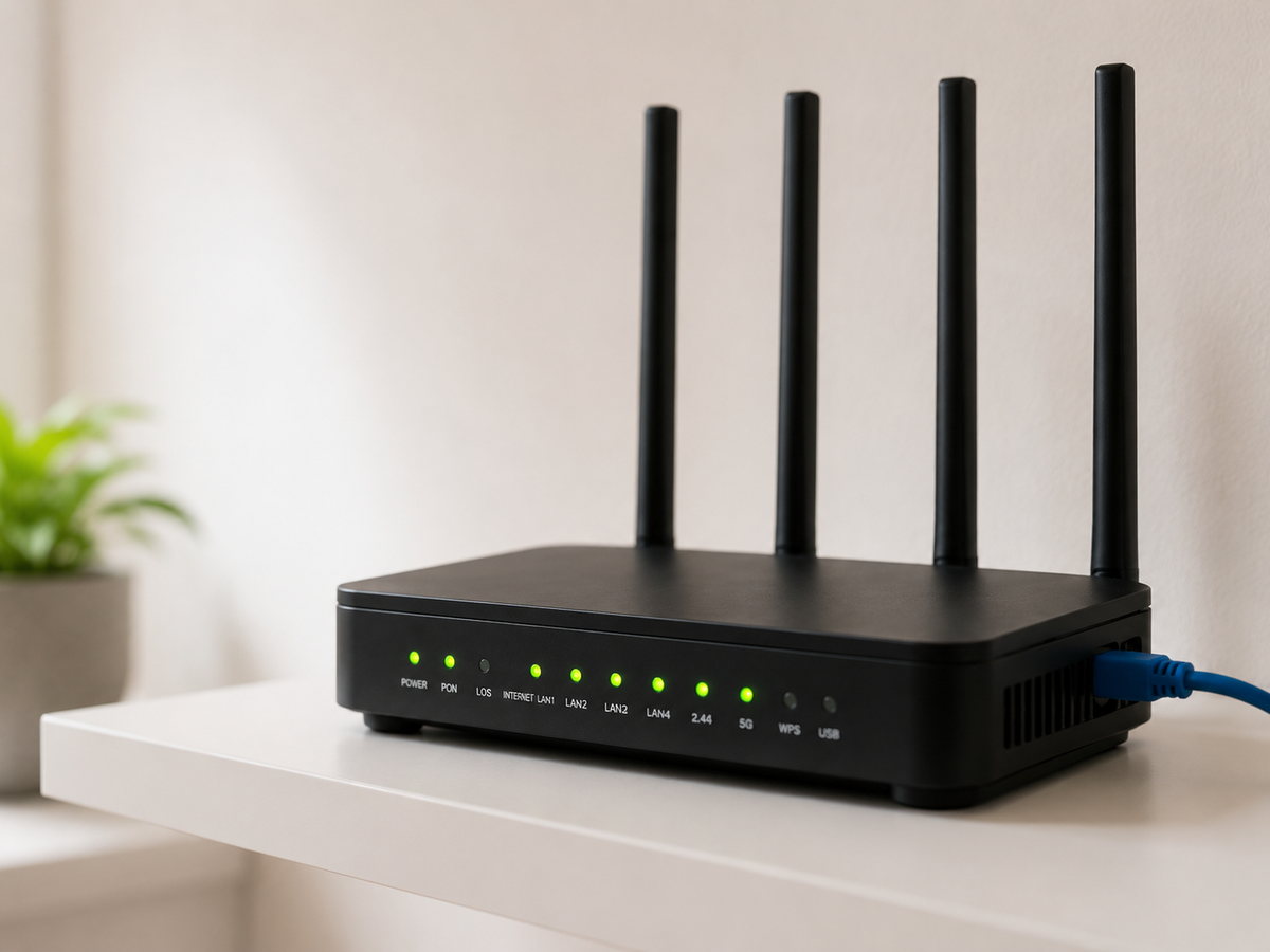 Equipamento interior da HETUALINK instalado, com os indicadores acesos e o cabo de rede ligado