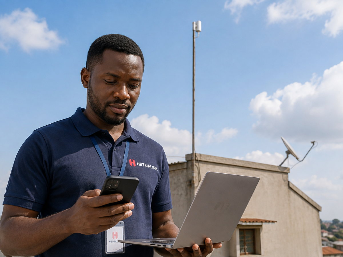 Técnico da HETUALINK a medir o sinal no local, com portátil e telemóvel